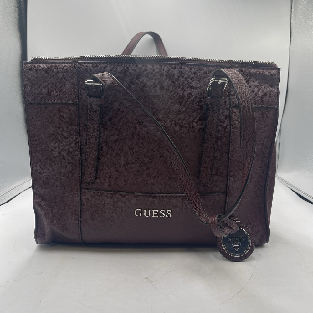 GUESS Burgundy Saffiano Tote Handbag Shoulder Bag Zip Top Logo Charm
